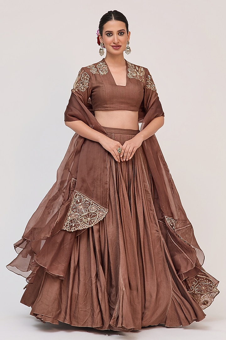 Earthy Brown Bamboo Cotton Floral Embroidered Wedding Lehenga Set by Ruchi Marodia at Pernia's Pop Up Shop