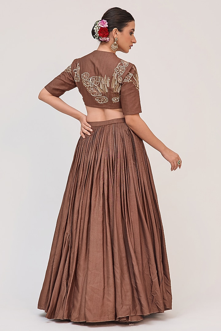 Earthy Brown Bamboo Cotton Floral Embroidered Wedding Lehenga Set by Ruchi Marodia at Pernia's Pop Up Shop