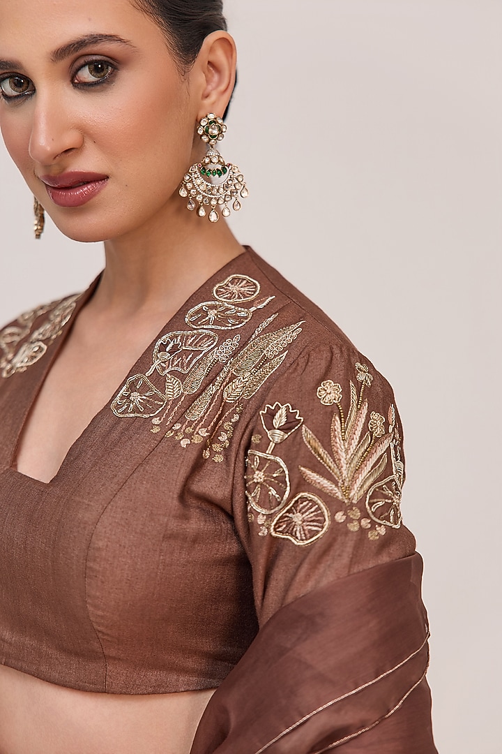 Earthy Brown Bamboo Cotton Floral Embroidered Wedding Lehenga Set by Ruchi Marodia at Pernia's Pop Up Shop