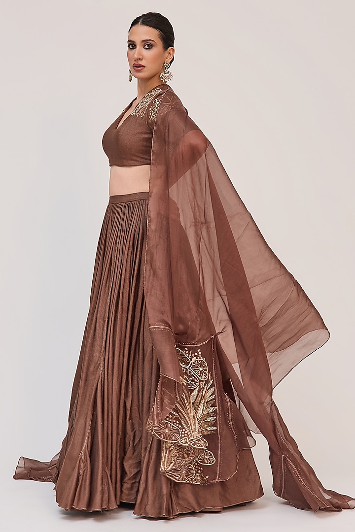 Earthy Brown Bamboo Cotton Floral Embroidered Wedding Lehenga Set by Ruchi Marodia at Pernia's Pop Up Shop