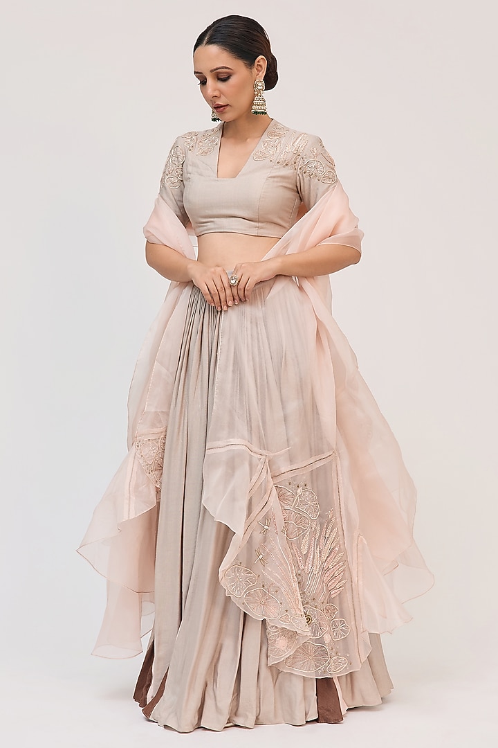 Grey Bamboo Cotton Embroidered Wedding Lehenga Set by Ruchi Marodia at Pernia's Pop Up Shop