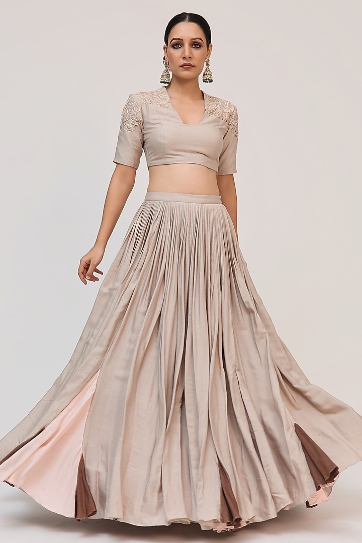 Grey Bamboo Cotton Embroidered Wedding Lehenga Set by Ruchi Marodia at Pernia's Pop Up Shop