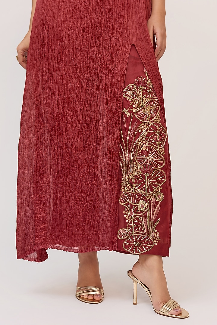 Mahogany Red Bamboo Cotton Embroidered Tunic Set by Ruchi Marodia at Pernia's Pop Up Shop