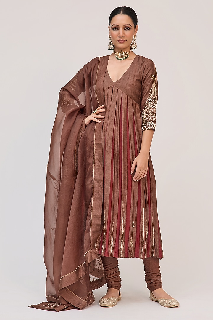 Dark Brown Munga Silk Floral Embroidered Wedding Anarkali Set by Ruchi Marodia at Pernia's Pop Up Shop