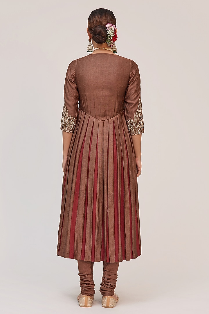 Dark Brown Munga Silk Floral Embroidered Wedding Anarkali Set by Ruchi Marodia at Pernia's Pop Up Shop