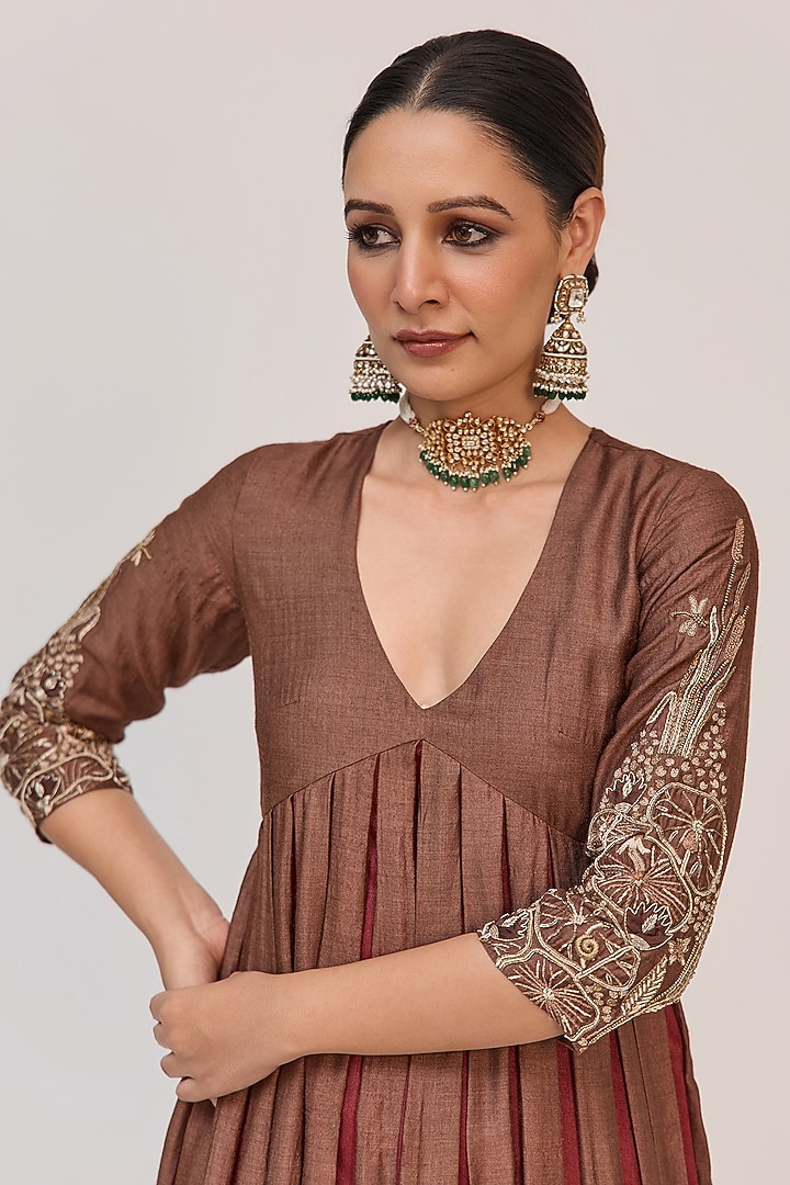 Dark Brown Munga Silk Floral Embroidered Wedding Anarkali Set by Ruchi Marodia at Pernia's Pop Up Shop