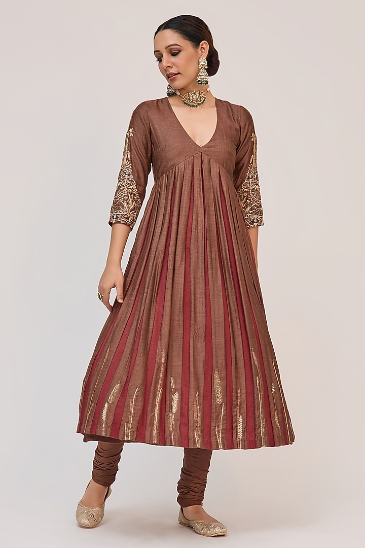 Dark Brown Munga Silk Floral Embroidered Wedding Anarkali Set by Ruchi Marodia at Pernia's Pop Up Shop