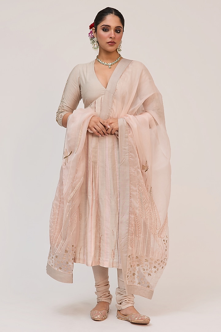 Grey Munga Silk Floral Embroidered Wedding Anarkali Set by Ruchi Marodia at Pernia's Pop Up Shop