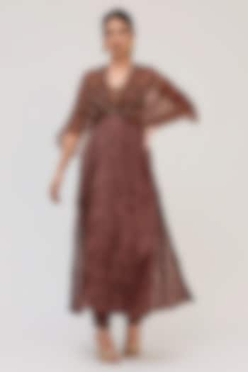 Dark Brown Crushed Silk Motifs Embroidered Tunic Set by Ruchi Marodia at Pernia's Pop Up Shop