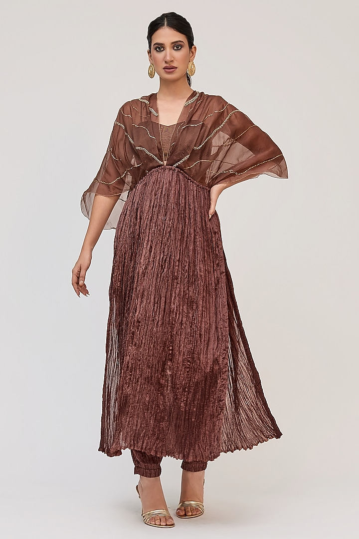 Dark Brown Crushed Silk Motifs Embroidered Tunic Set by Ruchi Marodia at Pernia's Pop Up Shop