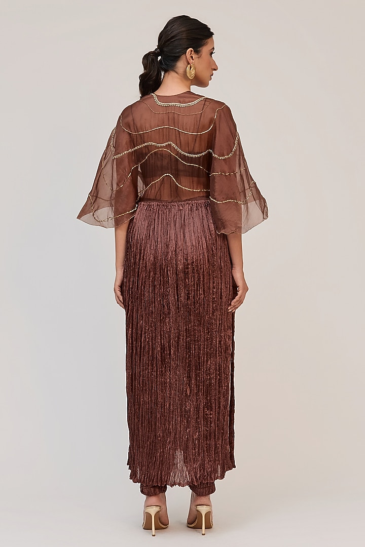 Dark Brown Crushed Silk Motifs Embroidered Tunic Set by Ruchi Marodia at Pernia's Pop Up Shop