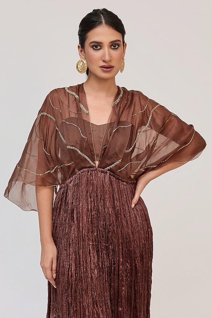 Dark Brown Crushed Silk Motifs Embroidered Tunic Set by Ruchi Marodia at Pernia's Pop Up Shop