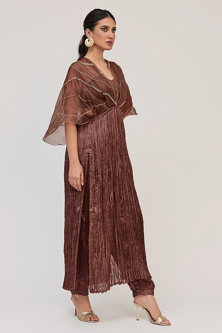 Dark Brown Crushed Silk Motifs Embroidered Tunic Set by Ruchi Marodia at Pernia's Pop Up Shop