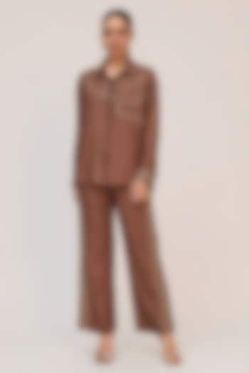 Dark Brown Bamboo Cotton Motifs Embroidered Co-Ord Set by Ruchi Marodia at Pernia's Pop Up Shop