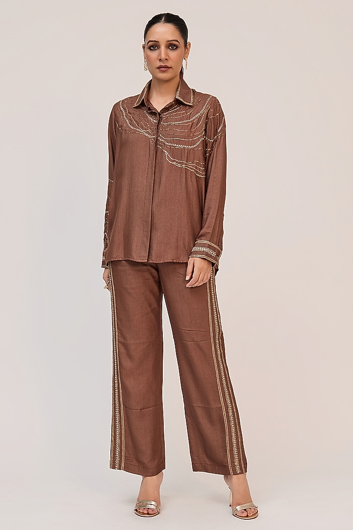 Dark Brown Bamboo Cotton Motifs Embroidered Co-Ord Set by Ruchi Marodia at Pernia's Pop Up Shop