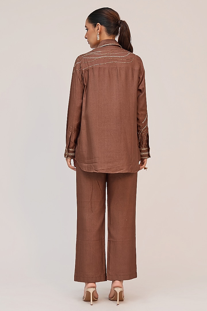 Dark Brown Bamboo Cotton Motifs Embroidered Co-Ord Set by Ruchi Marodia at Pernia's Pop Up Shop