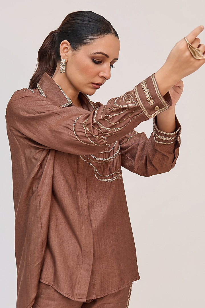 Dark Brown Bamboo Cotton Motifs Embroidered Co-Ord Set by Ruchi Marodia at Pernia's Pop Up Shop