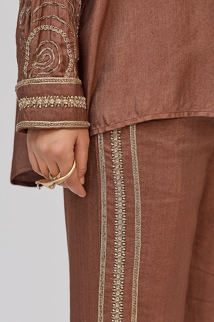 Dark Brown Bamboo Cotton Motifs Embroidered Co-Ord Set by Ruchi Marodia at Pernia's Pop Up Shop