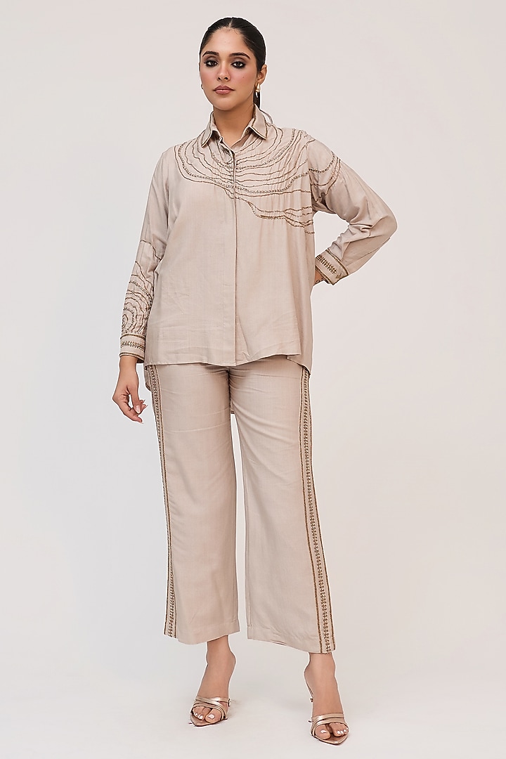 Grey Bamboo Cotton Motifs Embroidered Co-Ord Set by Ruchi Marodia at Pernia's Pop Up Shop