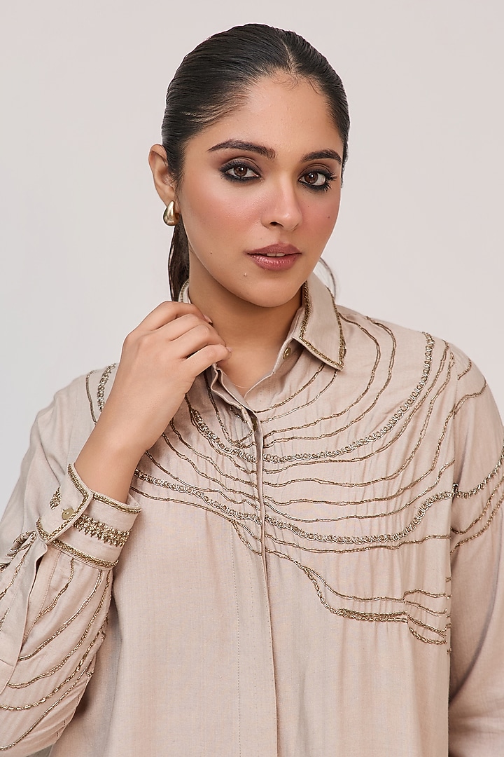 Grey Bamboo Cotton Motifs Embroidered Co-Ord Set by Ruchi Marodia at Pernia's Pop Up Shop