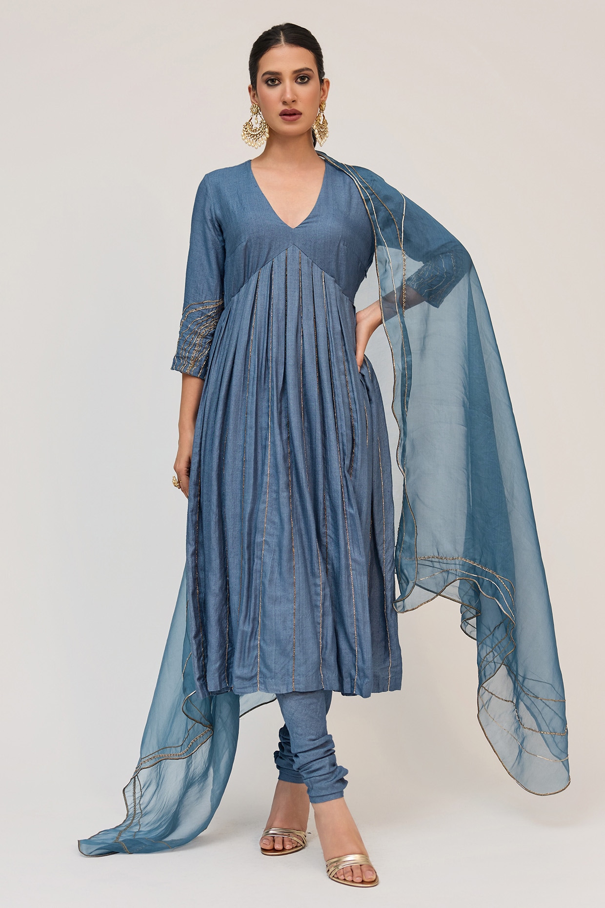 Ruchi Marodia Deep Aqua Munga Silk Embroidered Anarkali Set