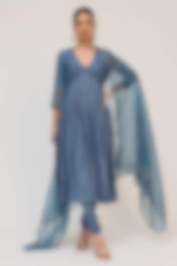 Deep Aqua Munga Silk Embroidered Party Wear Anarkali Set by Ruchi Marodia at Pernia's Pop Up Shop