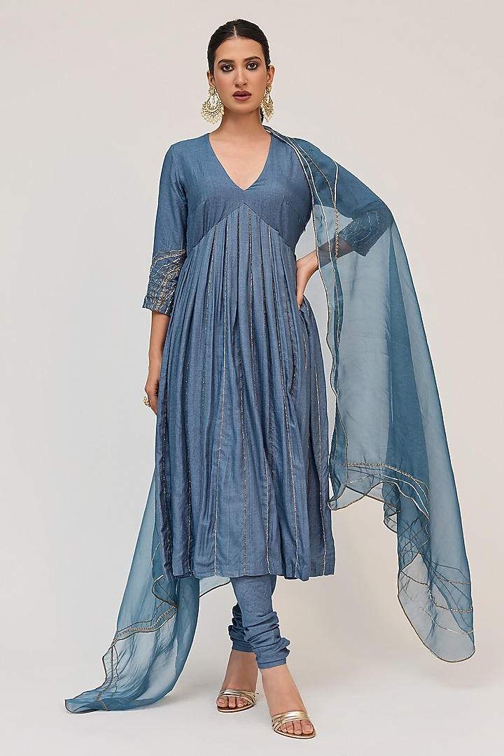 Deep Aqua Munga Silk Embroidered Party Wear Anarkali Set by Ruchi Marodia at Pernia's Pop Up Shop