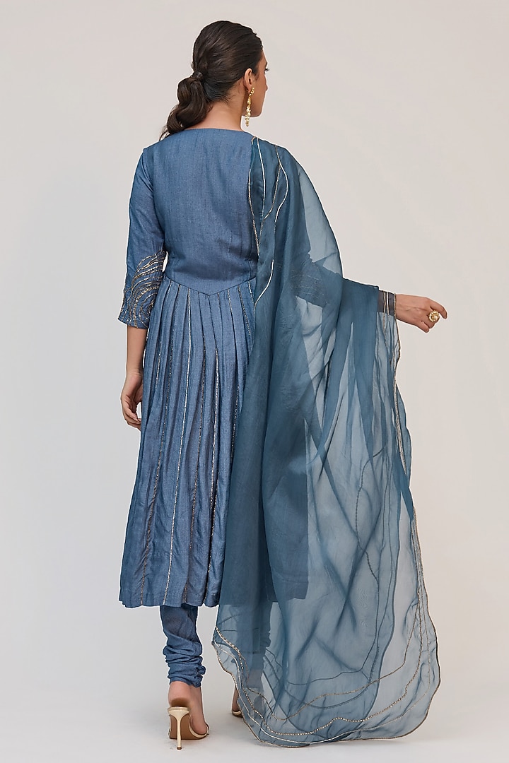 Deep Aqua Munga Silk Embroidered Party Wear Anarkali Set by Ruchi Marodia at Pernia's Pop Up Shop