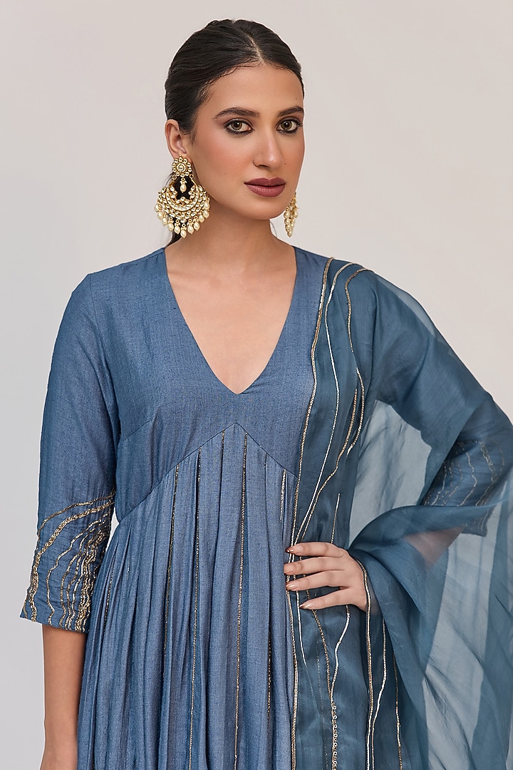 Deep Aqua Munga Silk Embroidered Party Wear Anarkali Set by Ruchi Marodia at Pernia's Pop Up Shop