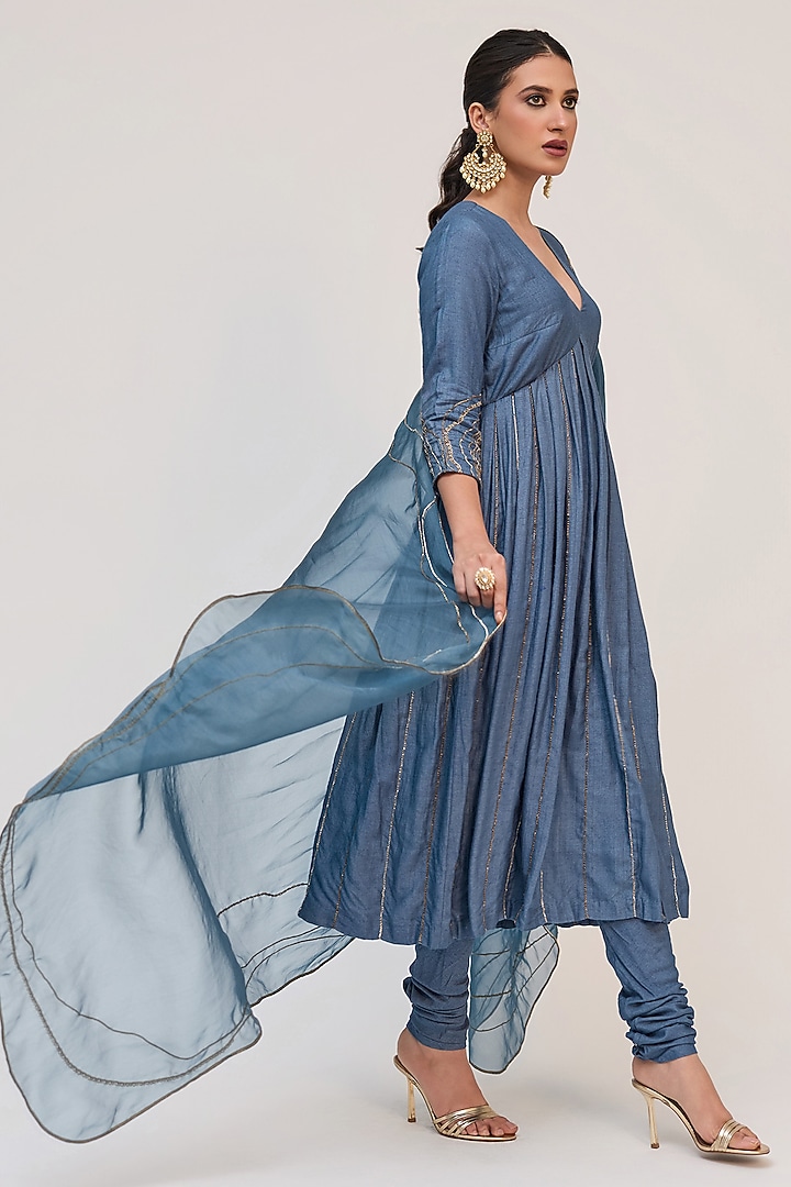 Deep Aqua Munga Silk Embroidered Party Wear Anarkali Set by Ruchi Marodia at Pernia's Pop Up Shop