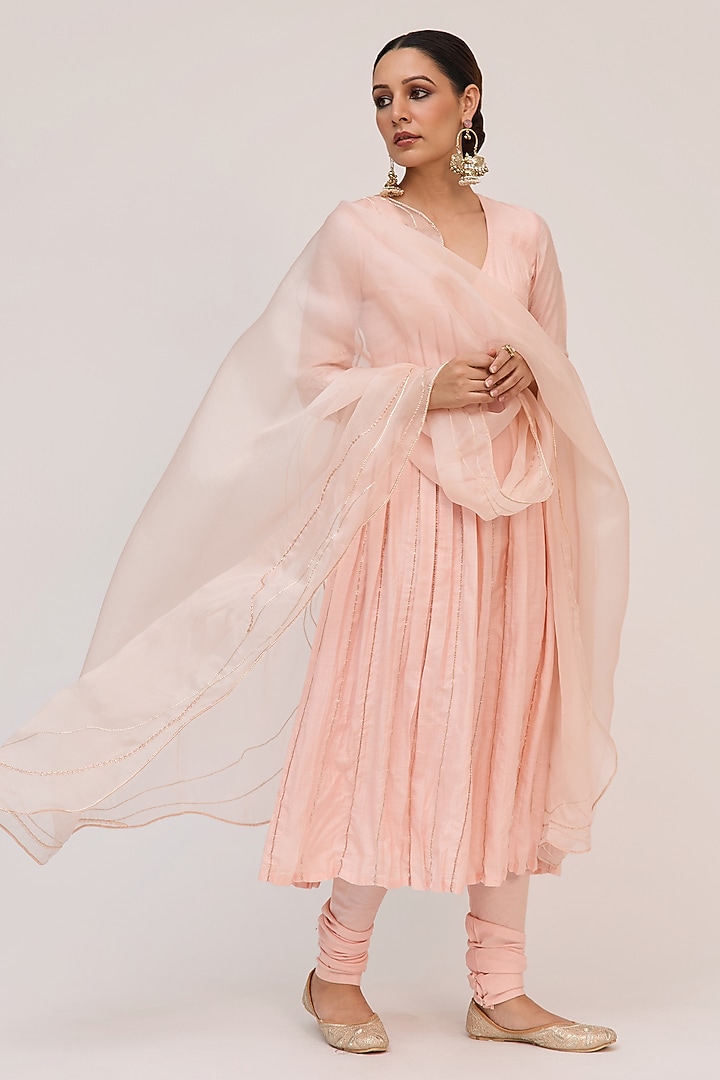 Blush Pink Munga Silk Embroidered Party Wear Anarkali Set by Ruchi Marodia at Pernia's Pop Up Shop