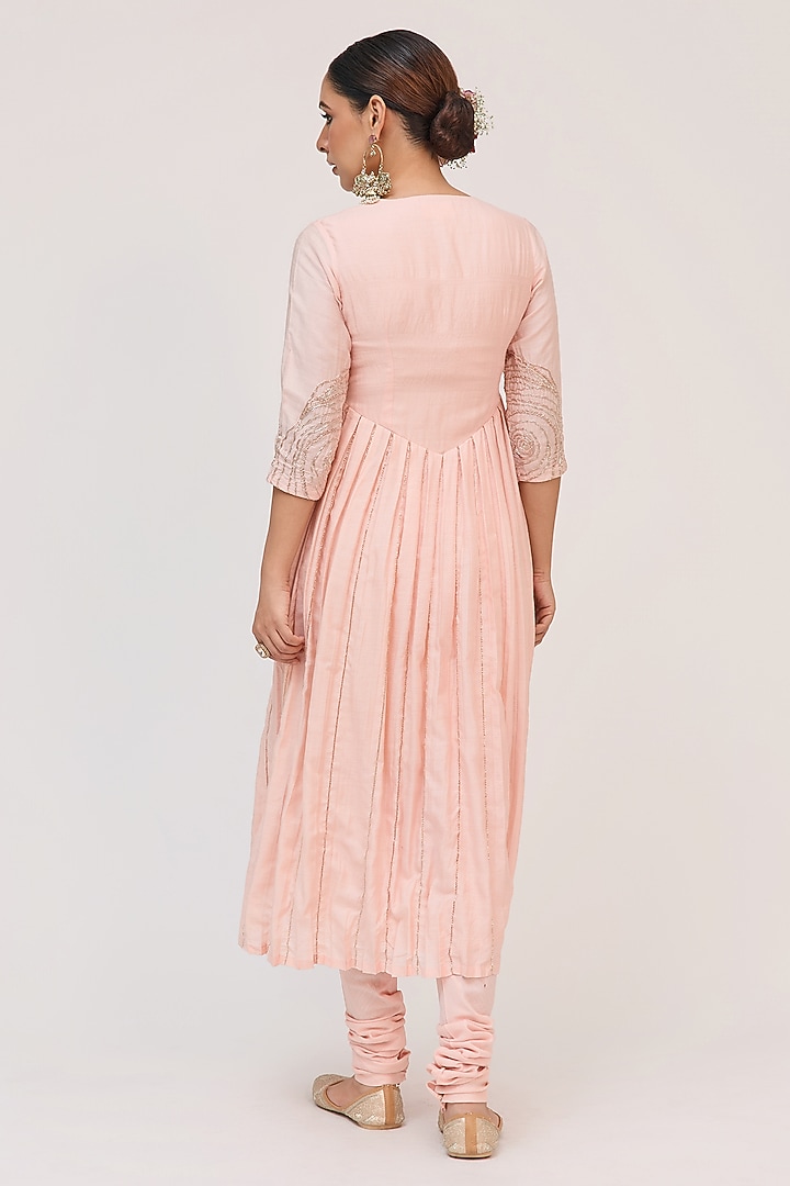 Blush Pink Munga Silk Embroidered Party Wear Anarkali Set by Ruchi Marodia at Pernia's Pop Up Shop