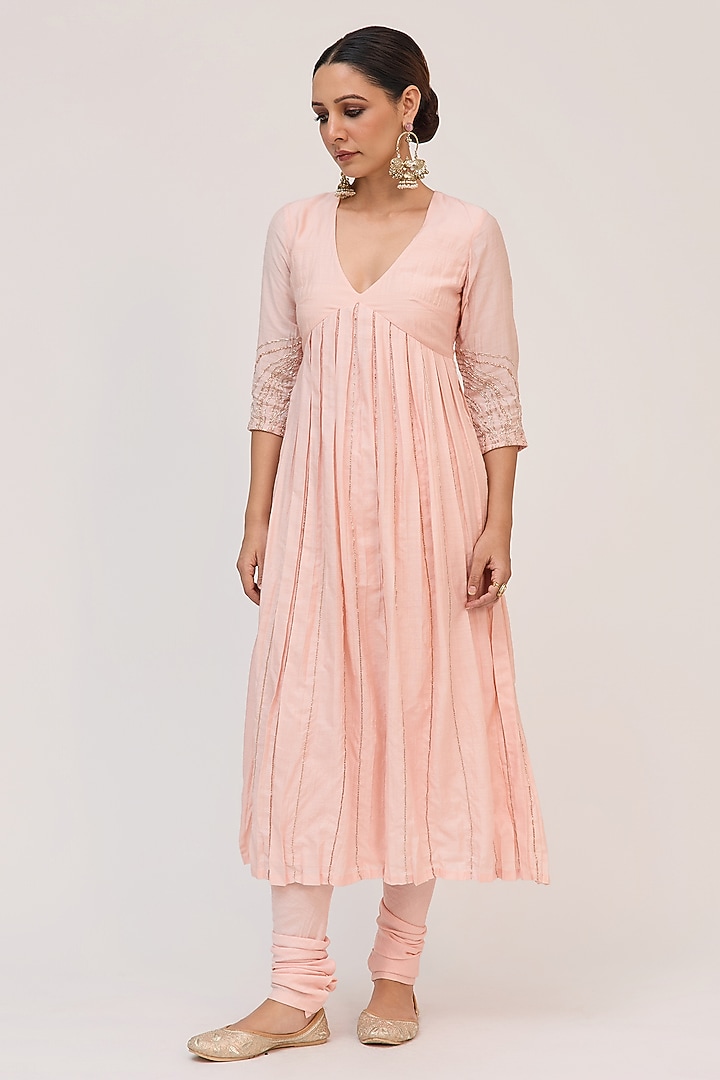 Blush Pink Munga Silk Embroidered Party Wear Anarkali Set by Ruchi Marodia at Pernia's Pop Up Shop