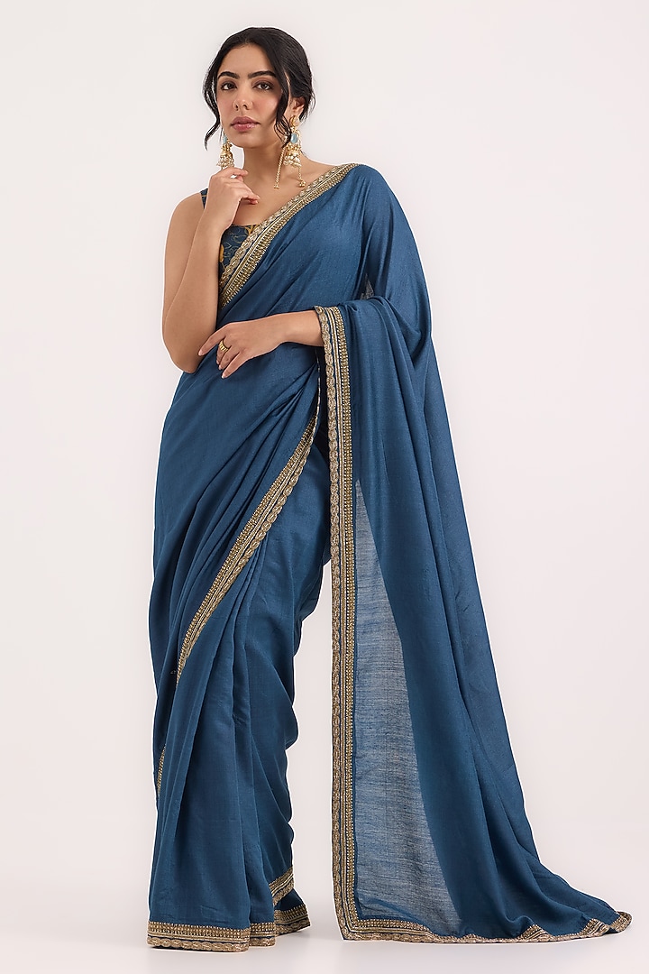 Blue Munga Silk Zardosi Hand Embroidered Wedding Saree Set by Ruchi Marodia at Pernia's Pop Up Shop