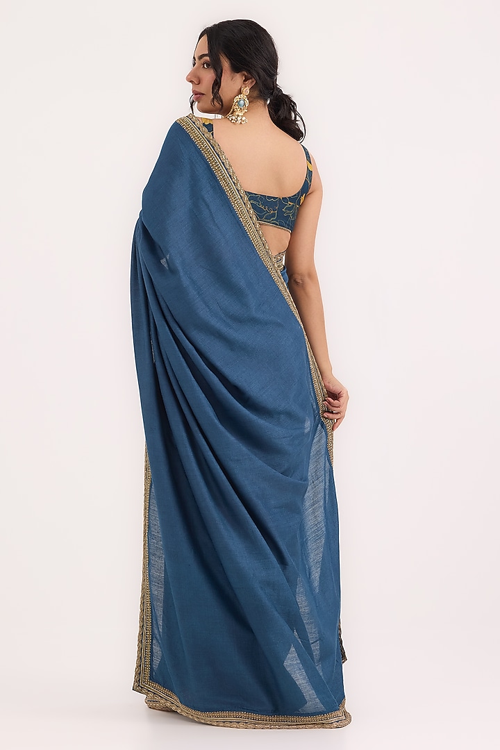 Blue Munga Silk Zardosi Hand Embroidered Wedding Saree Set by Ruchi Marodia at Pernia's Pop Up Shop