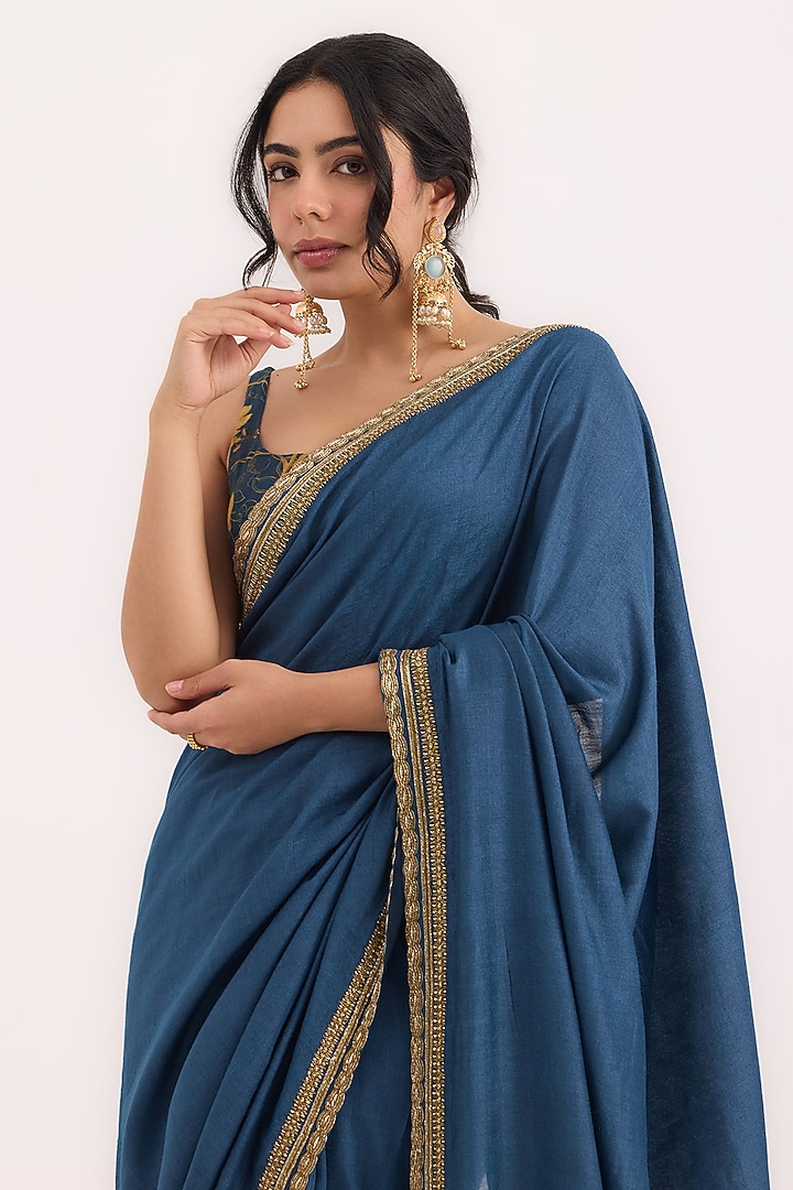 Blue Munga Silk Zardosi Hand Embroidered Wedding Saree Set by Ruchi Marodia at Pernia's Pop Up Shop