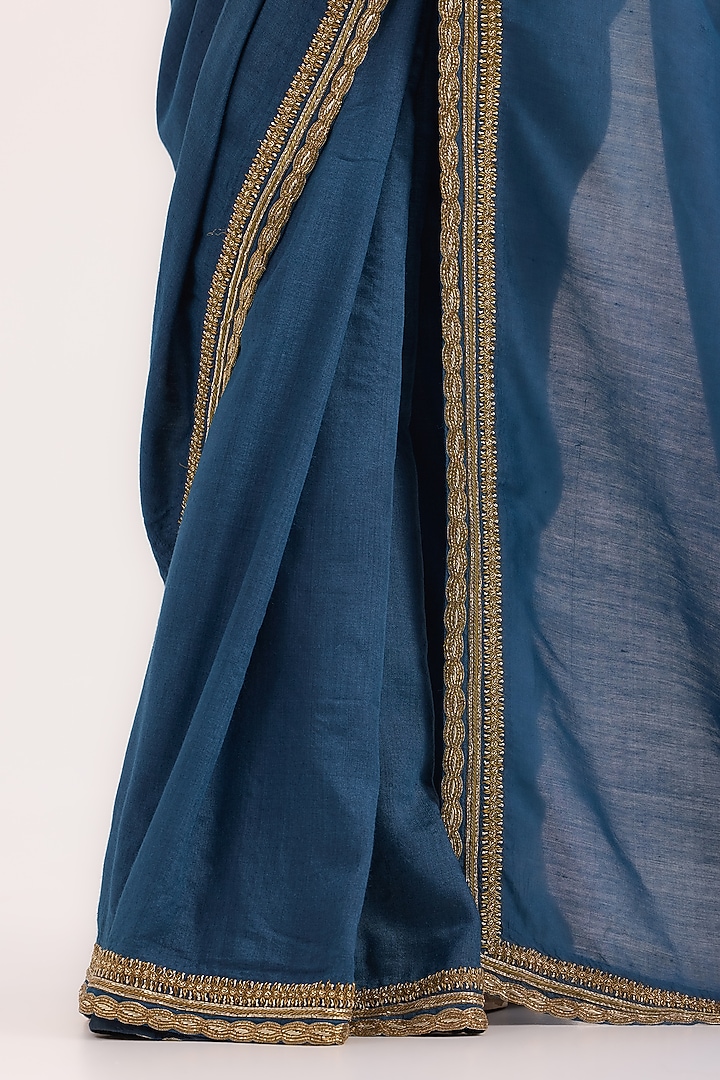 Blue Munga Silk Zardosi Hand Embroidered Wedding Saree Set by Ruchi Marodia at Pernia's Pop Up Shop