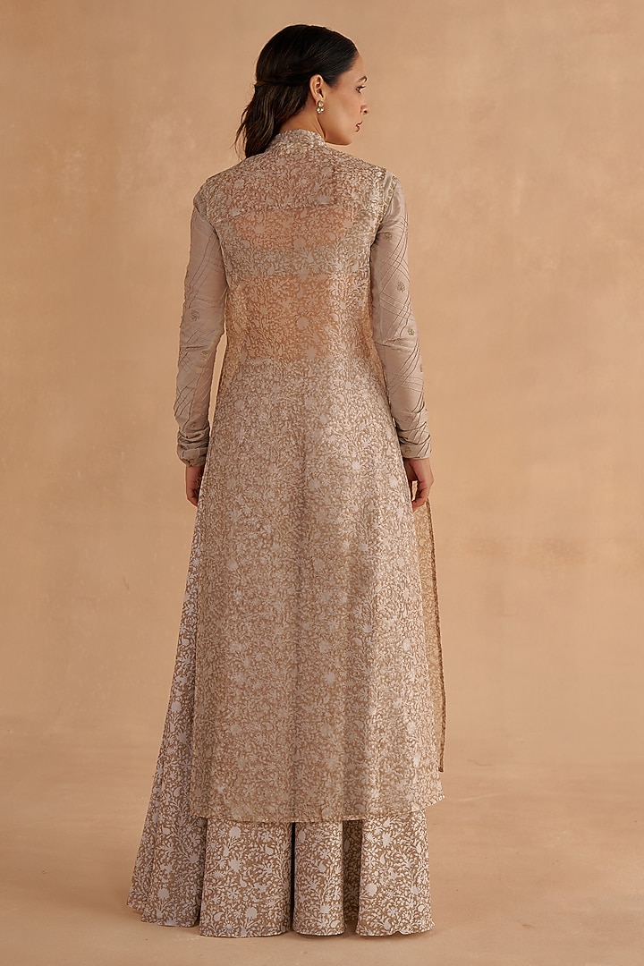 Warm Grey Chanderi Block Printed Party Wear Sharara Set by Ruchi Marodia at Pernia's Pop Up Shop