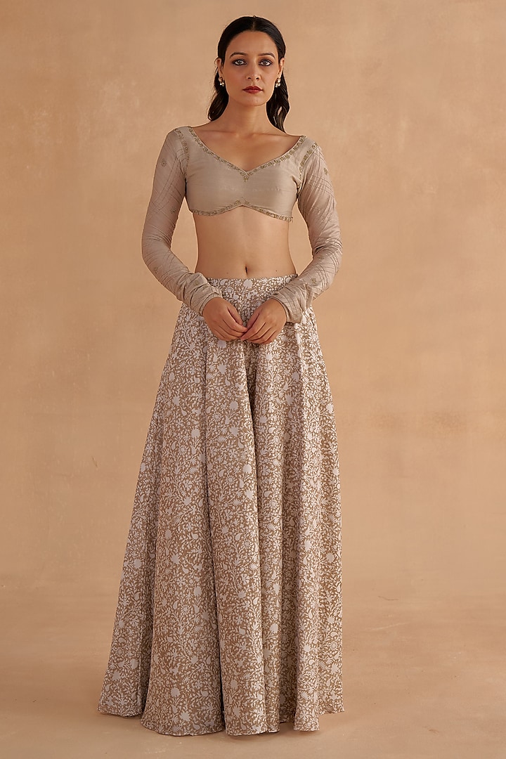 Warm Grey Chanderi Block Printed Party Wear Sharara Set by Ruchi Marodia at Pernia's Pop Up Shop