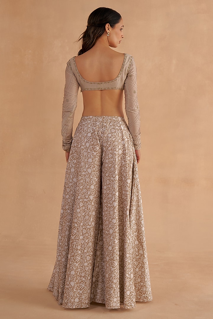 Warm Grey Chanderi Block Printed Party Wear Sharara Set by Ruchi Marodia at Pernia's Pop Up Shop