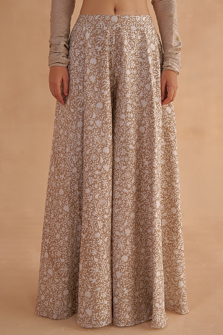 Warm Grey Chanderi Block Printed Party Wear Sharara Set by Ruchi Marodia at Pernia's Pop Up Shop