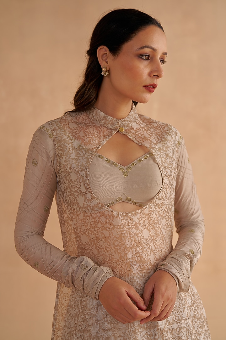 Warm Grey Chanderi Block Printed Party Wear Sharara Set by Ruchi Marodia at Pernia's Pop Up Shop