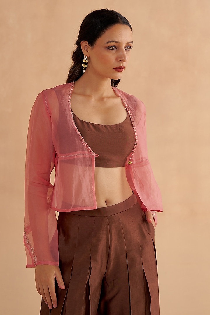 Blush Pink Organza Zardosi & Mukaish Embroidered Jacket by Ruchi Marodia at Pernia's Pop Up Shop