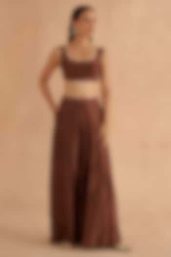 Dark Brown Chanderi Pleated Flared Pant Set by Ruchi Marodia at Pernia's Pop Up Shop