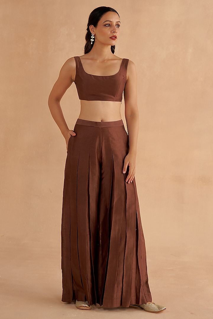 Dark Brown Chanderi Pleated Flared Pant Set by Ruchi Marodia at Pernia's Pop Up Shop