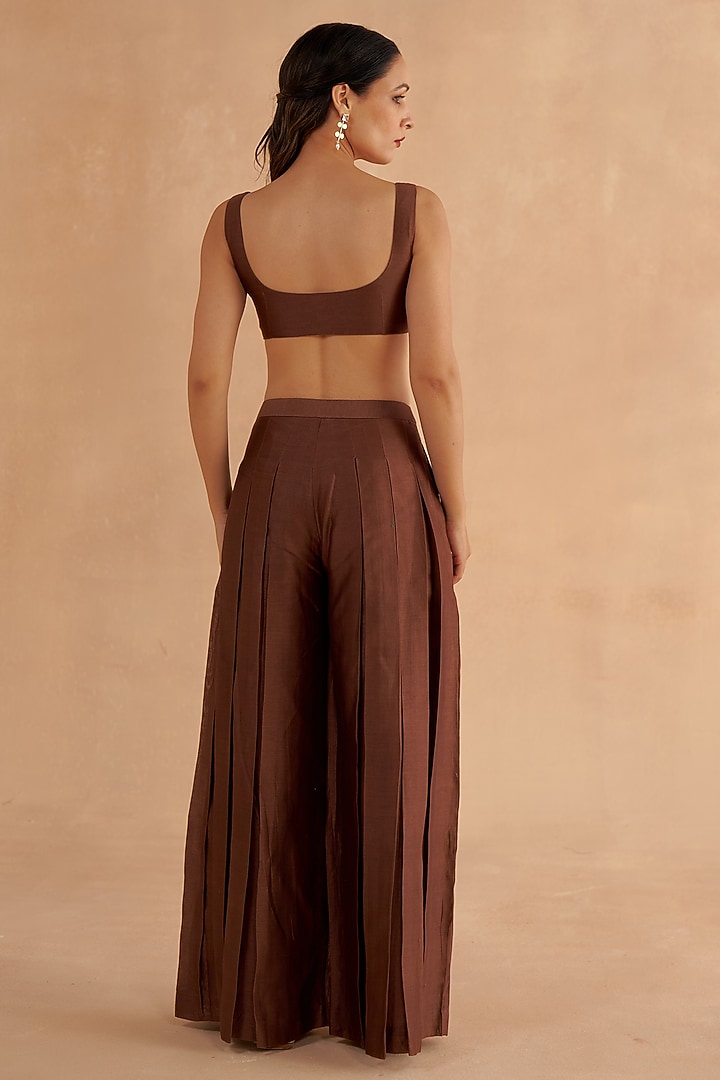 Dark Brown Chanderi Pleated Flared Pant Set by Ruchi Marodia at Pernia's Pop Up Shop