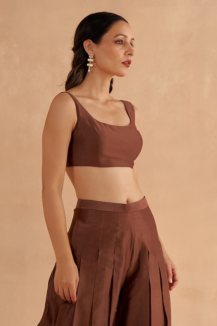 Dark Brown Chanderi Pleated Flared Pant Set by Ruchi Marodia at Pernia's Pop Up Shop
