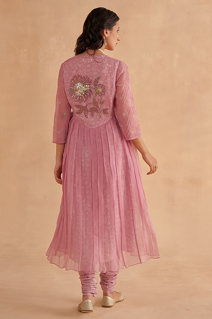 Blush Pink Muslin Silk Block Printed & Zardosi Embroidered Kurta Set by Ruchi Marodia at Pernia's Pop Up Shop