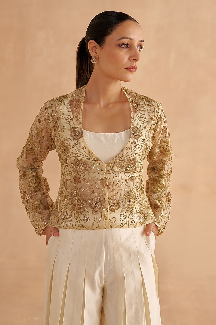 Cream Organza Zardosi & Zari Embroidered Jacket by Ruchi Marodia at Pernia's Pop Up Shop