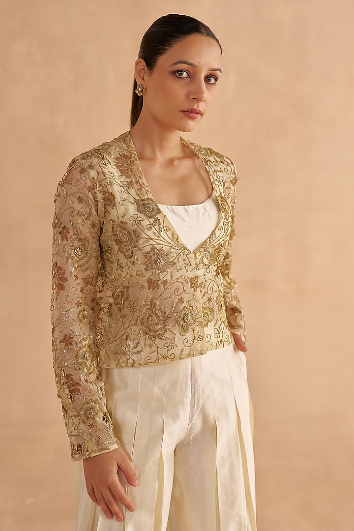 Cream Organza Zardosi & Zari Embroidered Jacket by Ruchi Marodia at Pernia's Pop Up Shop